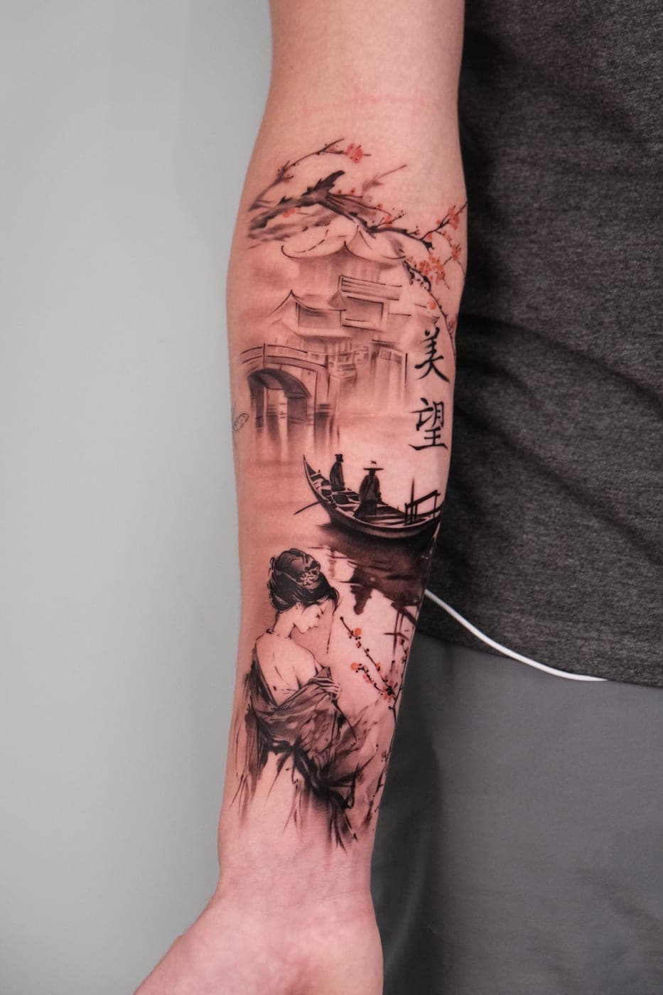 Hình xăm black & grey tay áo Nhật Bản